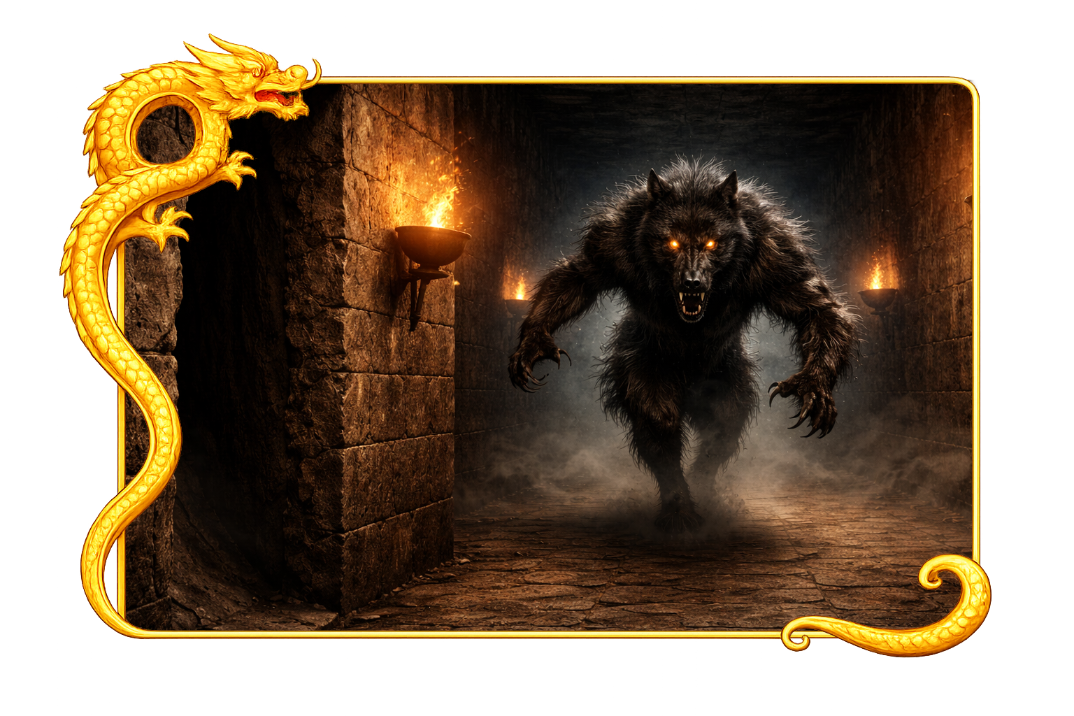 Ilustração de uma criatura e uma sala com um vão na parede