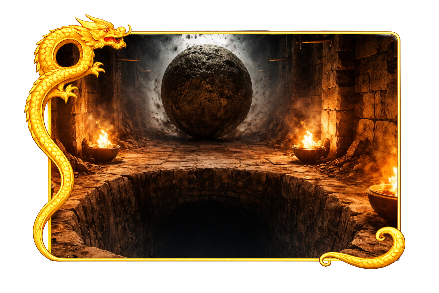 Imagem de um corredor com uma bola de pedra rolando, no chão um grande buraco