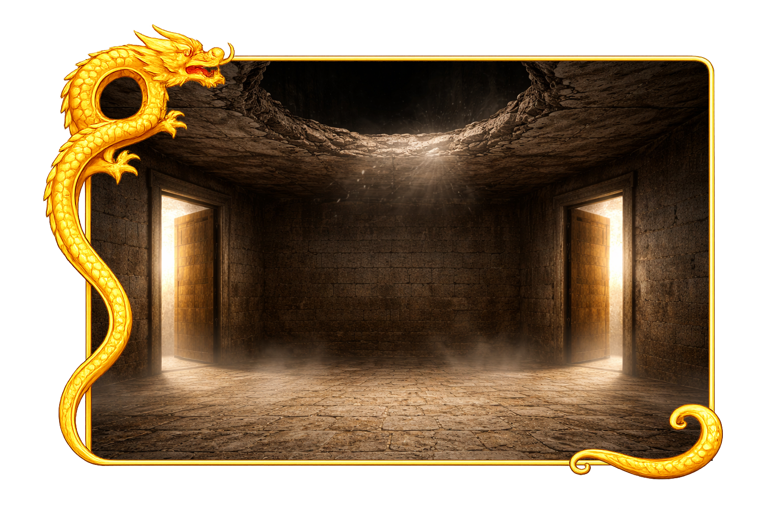 Imagem de uma sala com duas portas e um buraco no teto